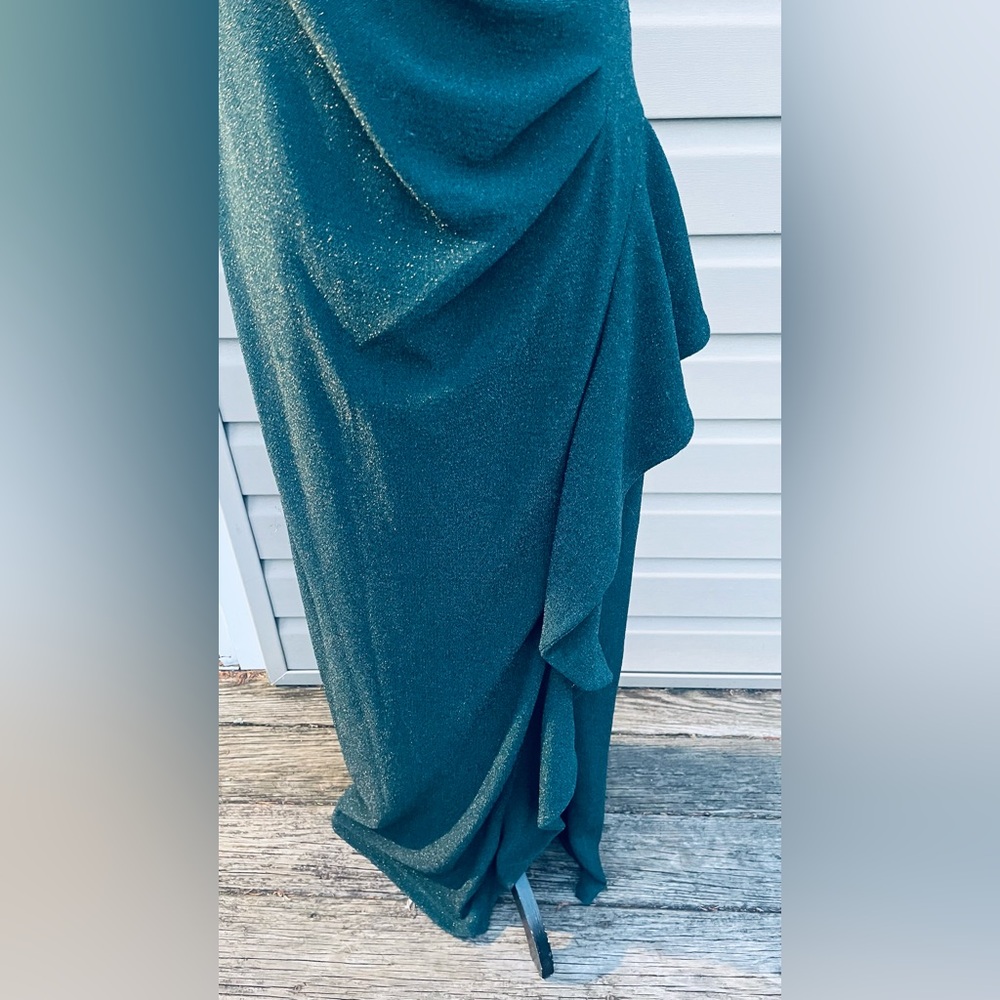 Xscape One-Shoulder Teal Sparkle Maxi Dress - Picture 6 of 8